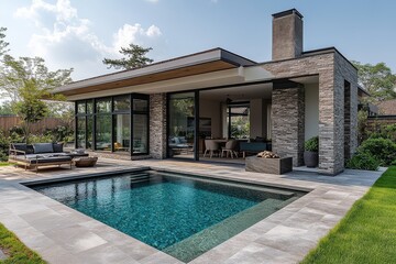 Fototapeta premium Modern Home with Long Rectangular Pool Overlooking the Ocean, Surrounded by Hedges and Lawn Chairs