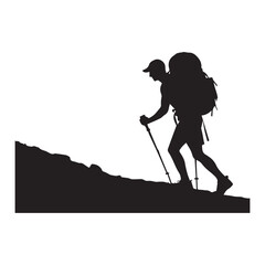 PrintHiking man Silhouettes. hiking man with rucksacks silhouette. hiker with backpack, vector silhouettes. mountaineer climber hiker people. Backpacker. walking with the aid of trekking poles.