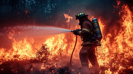 Fototapeta premium A firefighter in full gear spraying water on a blazing fire at night, with flames and smoke in the background