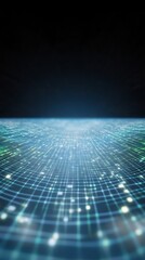 Abstract Digital Landscape Glowing Teal Grid Network. AI Generated