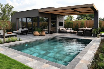 Fototapeta premium Modern Home with Long Rectangular Pool Overlooking the Ocean, Surrounded by Hedges and Lawn Chairs