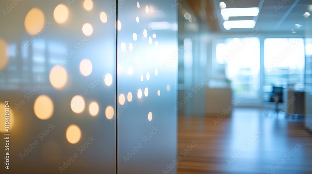 Poster sleek office space features glass partitions softened by dreamy lights, enhancing the contemporary d