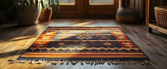 Warm-toned patterned rug on hardwood floor in sunlit room.