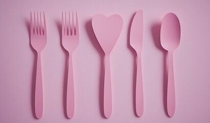 Pink Cutlery Set: Forks, Knife, Spoon, Heart-Shaped Spatula on Pink Background. Romantic, Elegant, Minimalist