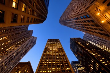 Twilight casts a glow over towering skyscrapers in a bustling financial district, with bright office lights and a stock market graph enhancing the lively atmosphere