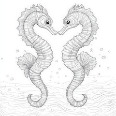 Elegant Line Art of Two Seahorses Facing Each Other Beneath the Sea, Capturing the Harmony and Beauty of Ocean Life in Intricate Detailing and Flowing Patterns