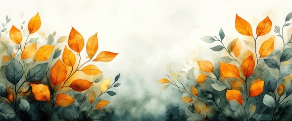 Obraz premium Watercolor painting of autumn leaves with orange and teal tones on a white background.