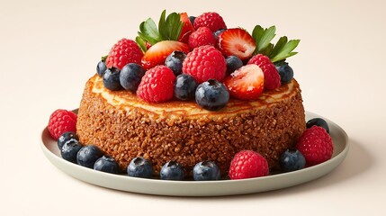 A beautifully arranged stack of whole grain pancakes garnished with an assortment of vibrant, fresh berries including strawberries, blueberries, and raspberries, all atop a solid color background