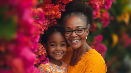 A joyful moment between a grandmother and granddaughter surrounded by vibrant flowers.