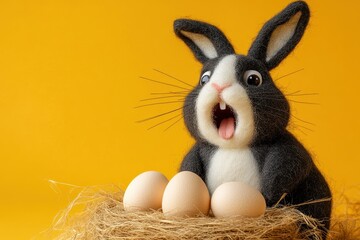 A rabbit is sitting on a nest of eggs, with one egg missing