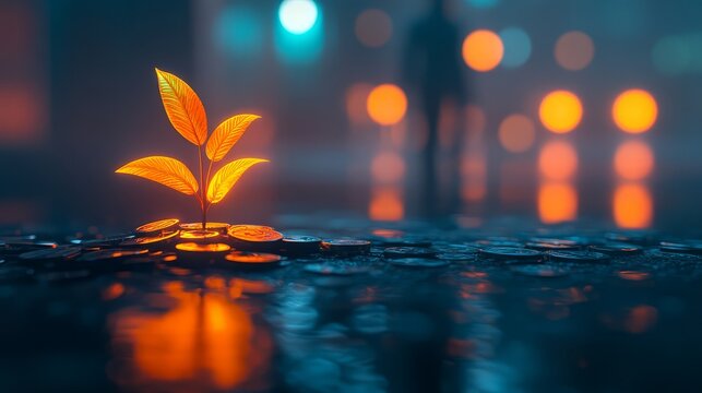 A glowing plant emerges from the darkness, symbolizing hope amidst urban challenges.