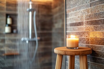 This tranquil bathroom showcases a lit candle on a wooden stool, natural stone walls, and a rain showerhead, creating a serene spa-like atmosphere