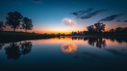 Fototapeta premium Colorful fireworks illuminate the evening sky, reflecting beautifully on the calm river as silhouettes of trees frame the festive celebration