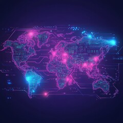World map embedded with neon digital pathways, showcasing global financial data flow