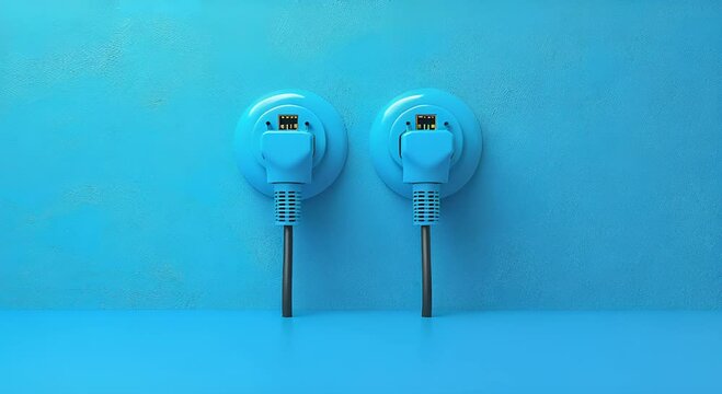 Two blue electrical outlets with black cables against a blue background.