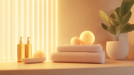 Luxury home spa kit, complete with glowing bath bombs, aromatherapy oils, and soft towels, clean minimalist composition, warm golden glow, photorealistic style