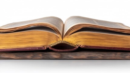 Antique book rests open revealing aged pages warm golden light bathes the scene. AI Generated