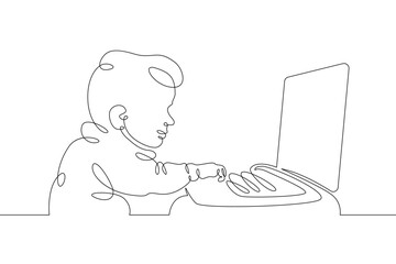 A small child sits at a laptop on the Internet, plays at the computer. One continuous drawing line, logo single hand drawn art doodle isolated minimal illustration.