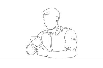 A young man sits with a phone smartphone tablet in his hands. Communication on the Internet. One continuous drawing line, logo single hand drawn art doodle isolated minimal illustration.