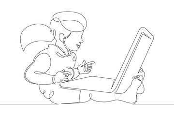 A small child sits at a laptop on the Internet, plays at the computer. One continuous drawing line, logo single hand drawn art doodle isolated minimal illustration.