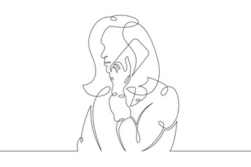 Young woman sits with a phone smartphone tablet in her hands. Communication on the Internet.One continuous drawing line, logo single hand drawn art doodle isolated minimal illustration.