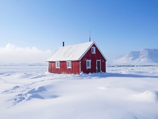 Red Cabin Winter Wonderland Snowy Landscape Arctic Serenity