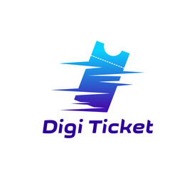 Digital e ticket icon represents innovation and modern technology with dynamic electronic ticket blue gradient emblem. Vector label for event management, ticketing services, and entertainment apps