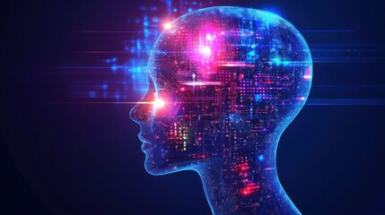 A digital representation of a human head filled with vibrant, glowing data patterns.