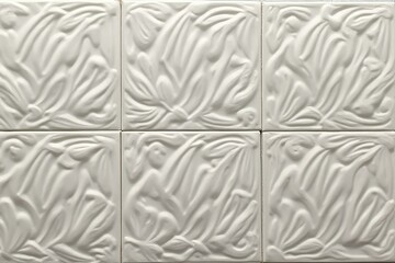 White ceramic tiles with raised 3D floral and wave like patterns arranged in a 2x3 grid