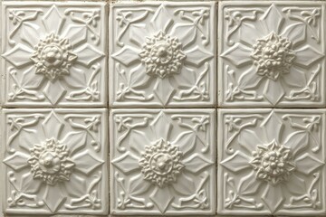 Raised floral design ceramic tiles in white, arranged in a 3x2 grid for vintage texture and elegance
