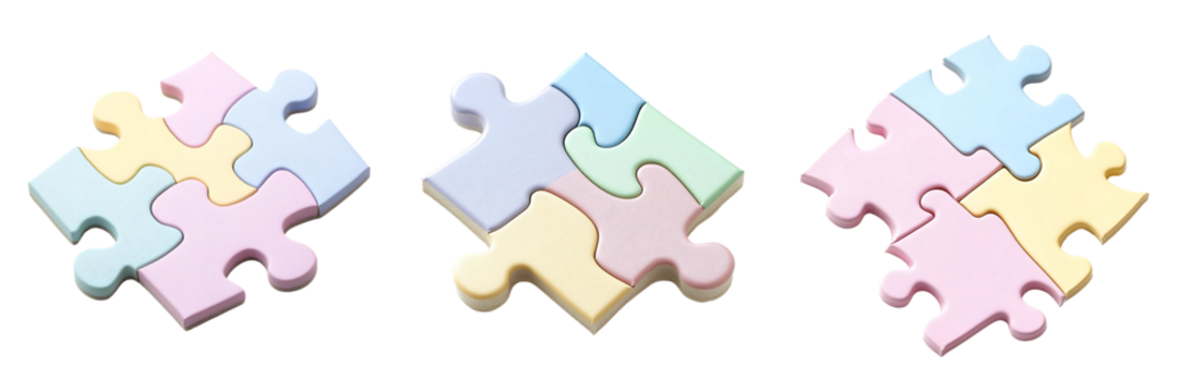 Set of puzzle piece in pastel colors, showcasing interlocking edges, isolated on white or transparent background.