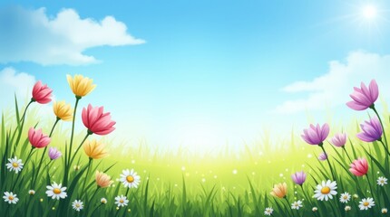 Obraz premium blooming flowers and green grass under a clear blue sky