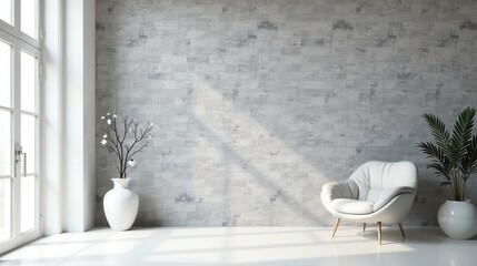 Fototapeta premium Serene Minimalist Interior Design Featuring a Plush White Armchair, Elegant Vase, and Lush Greenery Against a Textured Wall