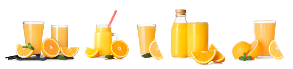 Set of fresh orange juice isolated on white