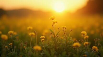 Fototapeta premium Young wildflower sprouts growing in a field during golden hour, warm sunlight casting a serene and calm rural landscape in the background.