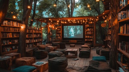 Cozy reading nook in nature with books, lights, and a screen for movie nights.