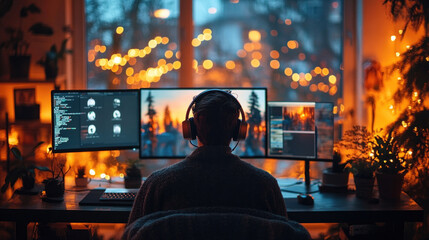 A remote worker sitting at a cozy desk with headphones, attending a virtual team meeting