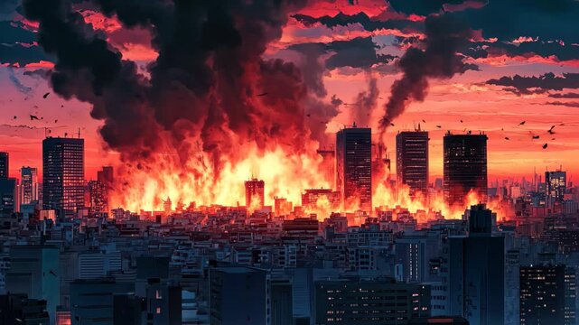City engulfed in flames at dusk captures the chaos of a disaster in digital art style, A city in disaster Anime or digital painting style, ing video background