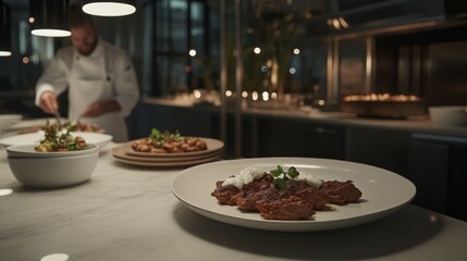A cozy indoor restaurant displays a buffet table filled with grilled meats and side dishes, while a guest reaches for a plate in the softly lit atmosphere