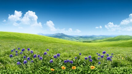 Vibrant wildflowers bloom gently in sunlit rolling hills. AI Generated