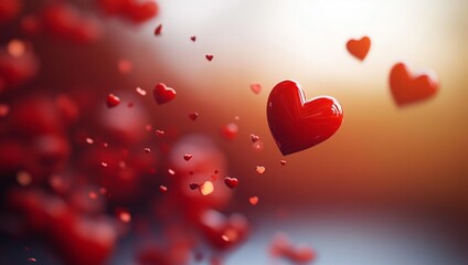 Romantic Red Hearts Falling Softly in Gentle Blurred Background love shiny design couple banner mobile screen