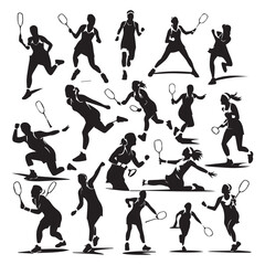 set of black various poses badminton players vector silhouettes