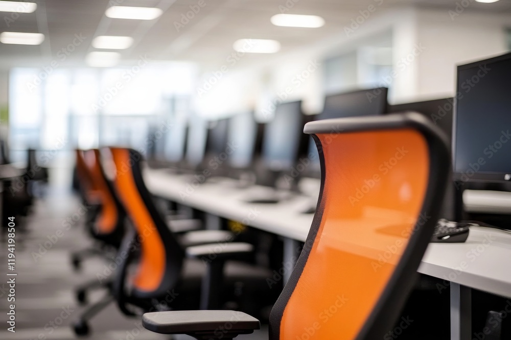 Poster blurry office interior showcases a row of modern desks and chairs, emphasizing a clean corporate aes
