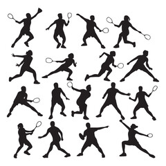 set of black various poses badminton players vector silhouettes