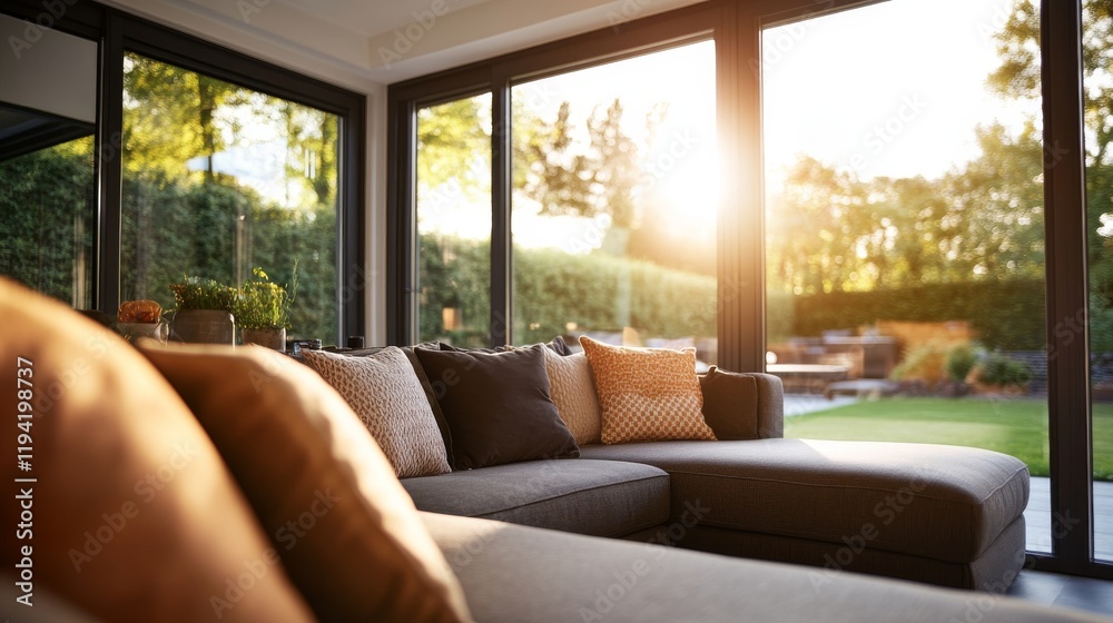 Poster wide-angle view of a modern living room with a spacious l-shaped sofa adorned with decorative pillow