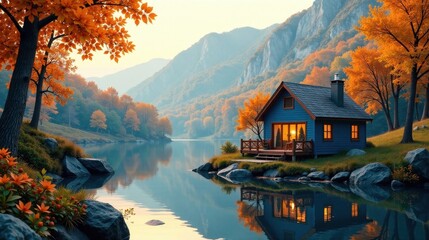 Fototapeta premium Serene autumnal lakeside cabin nestled amidst vibrant foliage and tranquil waters reflecting the warm glow of sunset