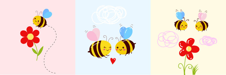 Vector Cute Bees  Isolated  and Grouped . Cartoon Art