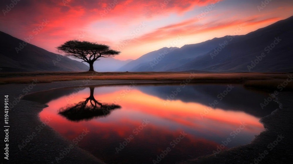 Poster a tranquil lake captures the vivid colors of a summer sunset, featuring a lone silhouetted tree on t
