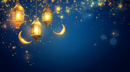 Obraz premium Elegant Ramadan Kareem background with hanging lanterns and crescent moon, banner decoration in an Islamic festival celebration