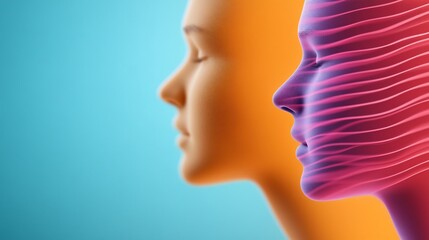 Serene profile portraits glow softly warm orange and cool purple light. AI Generated